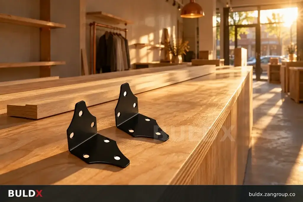 AI-generated product sample context: Trim samples laid along a long retail counter mockup, grazing light perspective