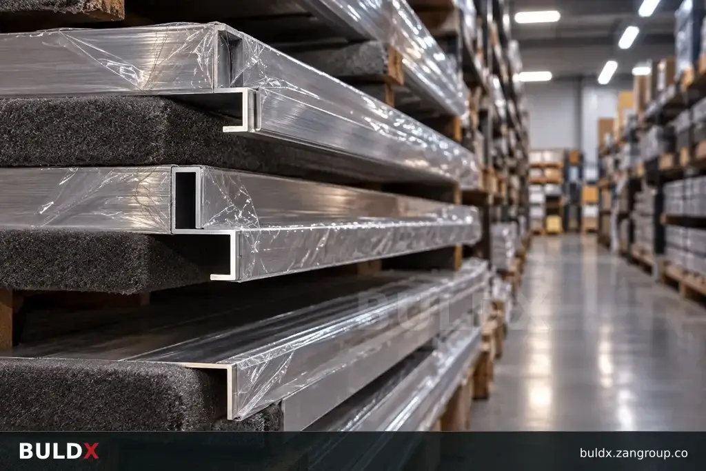 AI-generated product sample context: Wrapped metal profiles on padded shelving, warehouse aisle viewpoint
