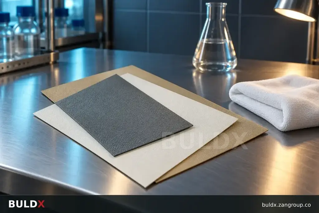 AI-generated product sample context: Cleaning cloth and guard sample on a laboratory bench, tight three-quarter view