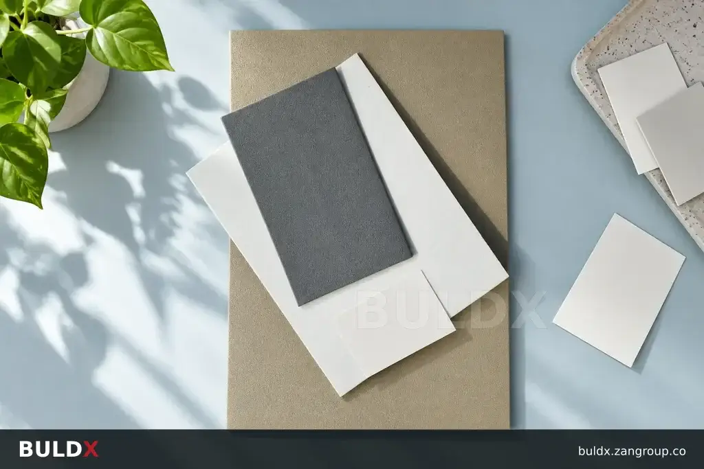 AI-generated product sample context: Colour samples beside wall guard sections under daylight in a design studio, overhead flat lay