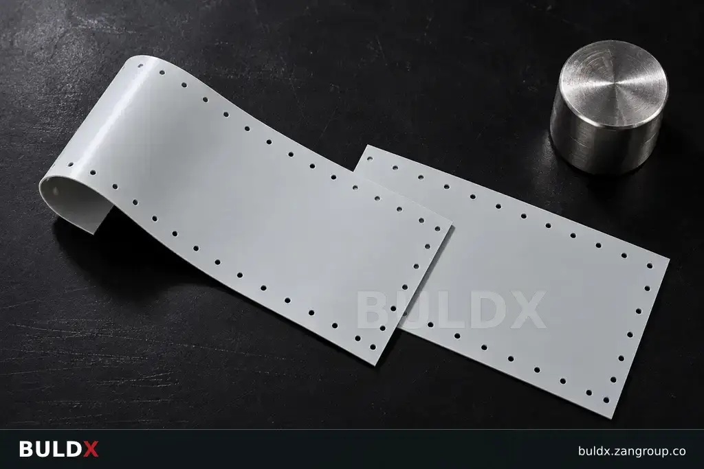 AI-generated product sample context: Membrane lap test sample on a dark worktable, overhead macro