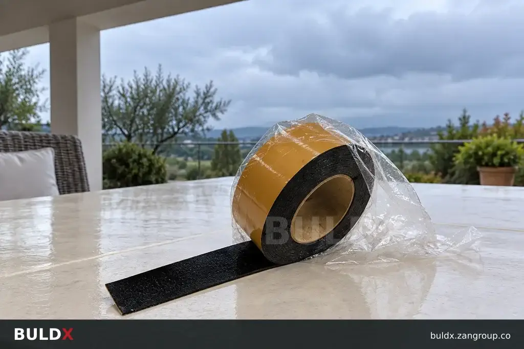 AI-generated product sample context: Wrapped sealing tape on a covered terrace table with overcast sky, editorial still life