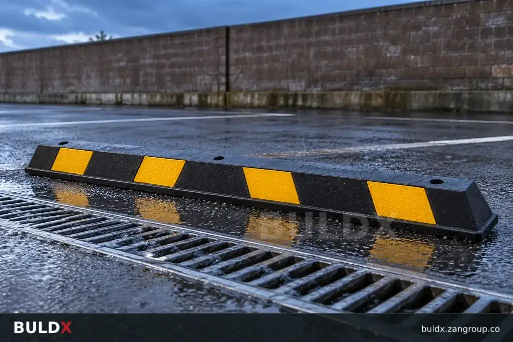 AI-generated product sample context: Wheel stop sample beside a drain in an empty parking bay, low side view