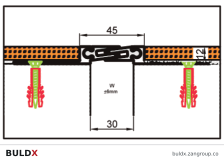 BULDX catalogue illustration: Finishing Movement Profiles · 45 × 12 mm · Natural aluminium, code BDX-AF-MF-AL-AL-45-12