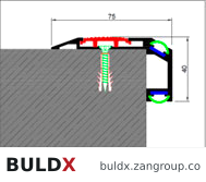 BULDX catalogue illustration: LED Stair Nosings · 75 × 40 mm · Anodized aluminium, code BDX-AF-SN-LED-AL-75-40