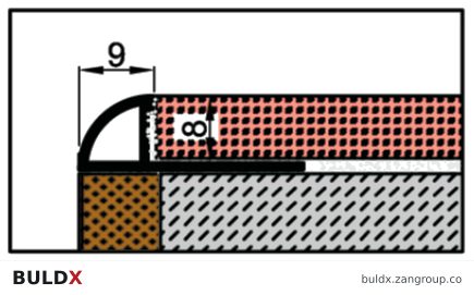 BULDX catalogue illustration: Tile Edge Trims · 9 × 8 mm · Anodized aluminium, code BDX-AF-TE-AL-9-8
