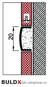 BULDX catalogue illustration: Wall Border Trims · 20 × 8 mm · Anodized aluminium, code BDX-AF-WB-AL-AL-20-8