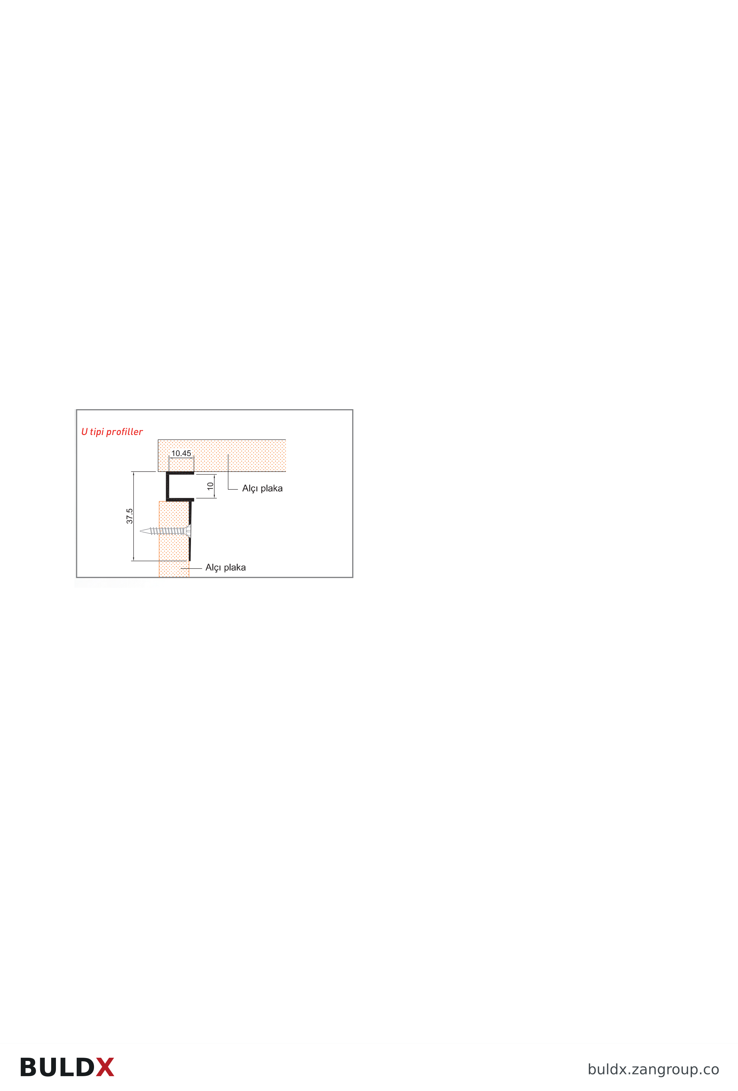 BULDX catalogue illustration: Aluminium U-Section Plasterboard Profile · 10 mm · Screw holes, code BDX-DB-AL-U-12-SF