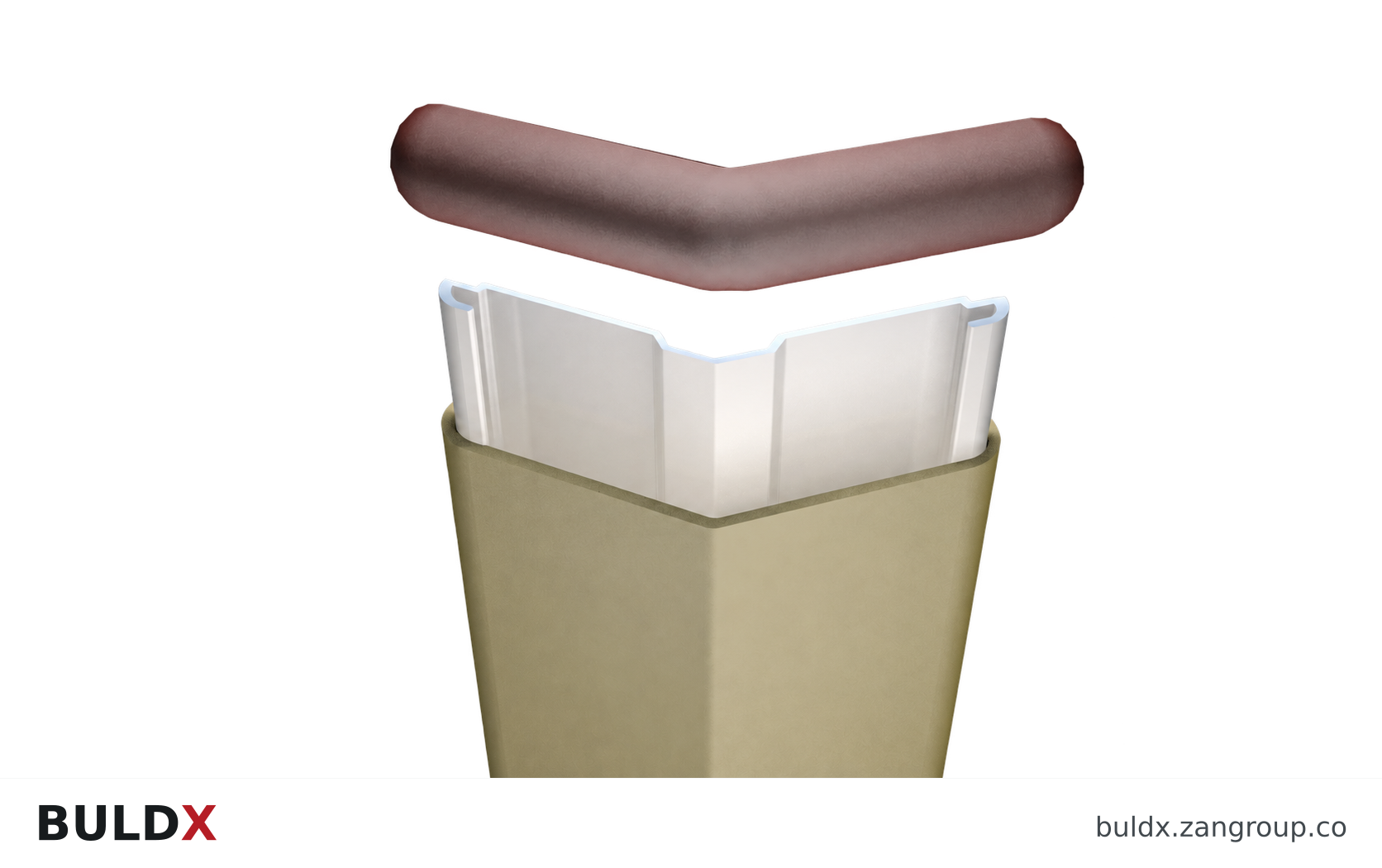 BULDX catalogue illustration: 76 × 76 mm Corner Guard · 135° · Mechanical Fixing, code BDX-CG-VA-7676-135-M