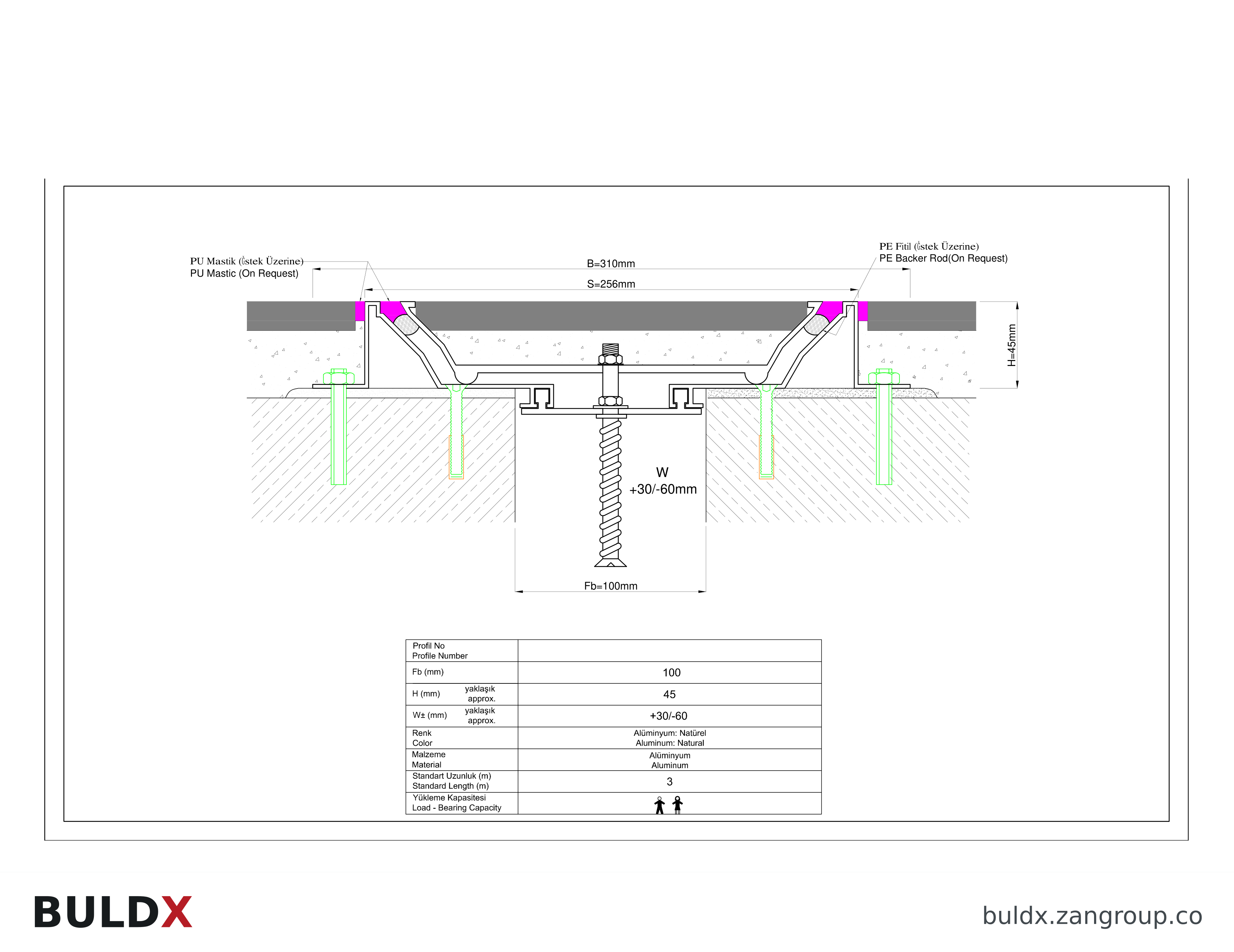 BULDX catalogue illustration of Recessed Seismic Floor Joint · 100 mm opening · 45 mm height, code BDX-EJ-FL-RF-100-45-310-P30-N60-AL
