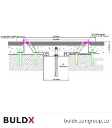BULDX catalogue illustration: Recessed Seismic Floor Joint · 100 mm opening · 45 mm height, code BDX-EJ-FL-RF-100-45-310-P30-N60-AL