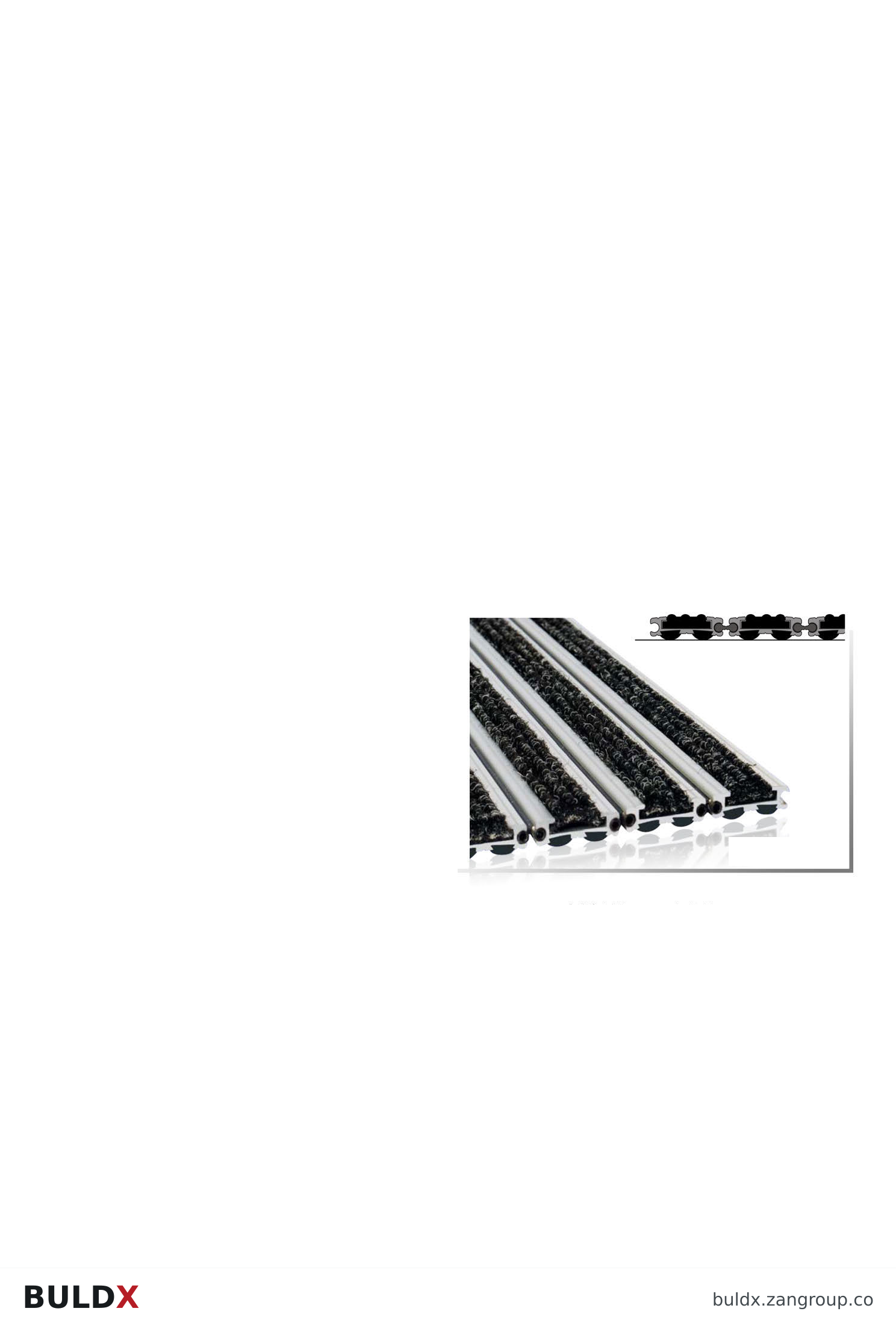 BULDX catalogue illustration: Indoor Aluminium Entrance Mat · Textile + rubber connector + textile · 16 mm, code BDX-MAT-IN-C-40-13-5-16-TX-J-TX