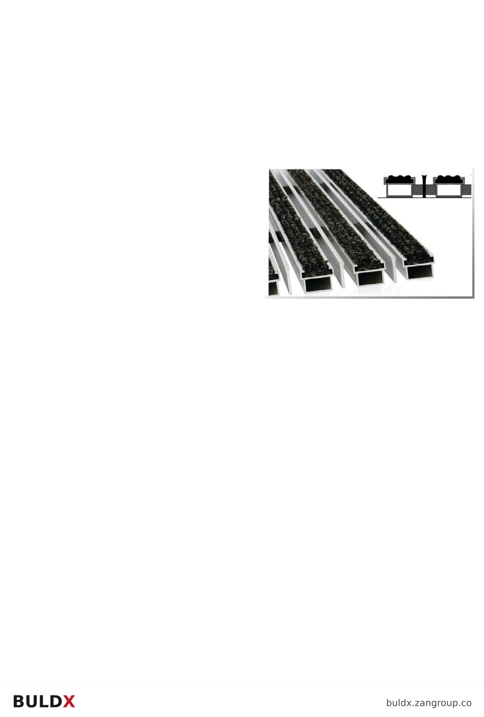 BULDX catalogue illustration: Indoor Aluminium Entrance Mat · Textile + aluminium scraper + textile · 24 mm, code BDX-MAT-IN-H-30-20-18-24-TX-S-TX